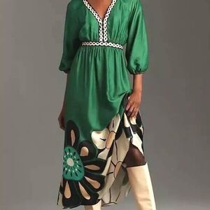 Farm Rio for Anthropologie green v neck dress
